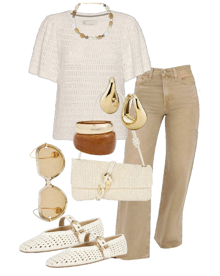 casual mesh mary jane white flats and beige jeans