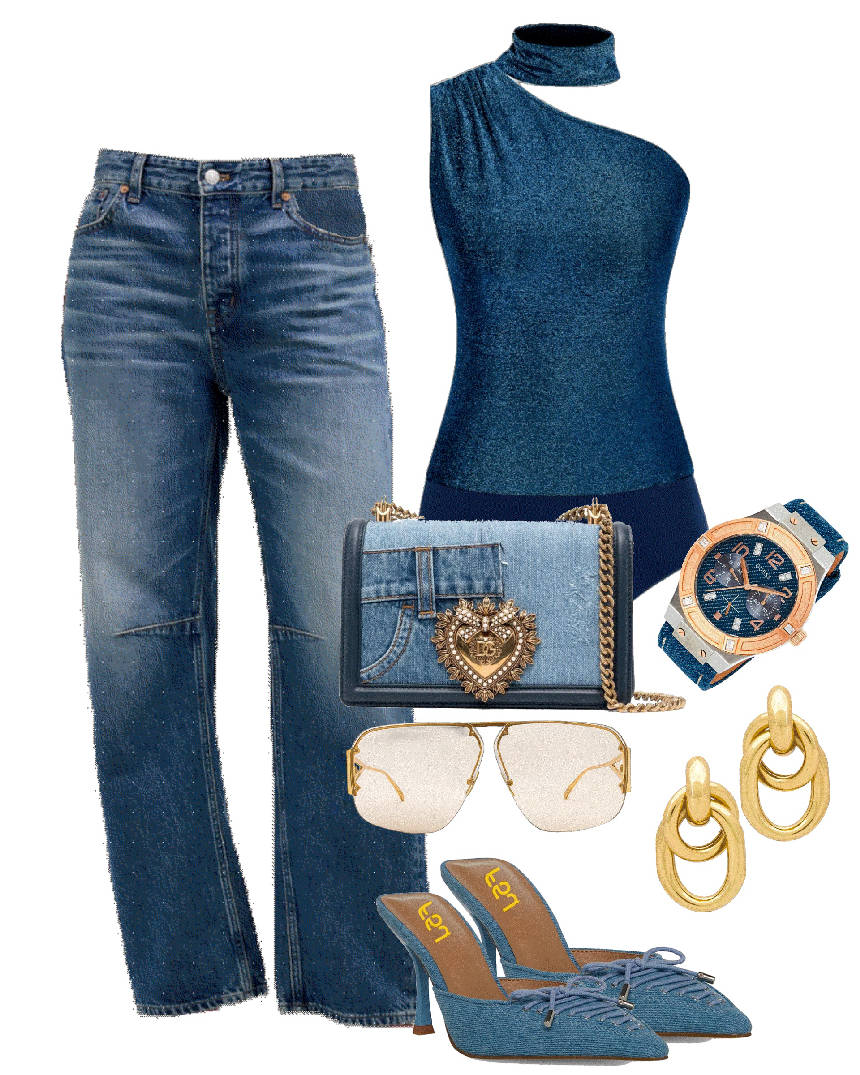 bodysuit in blue barrel jeans and blue mules