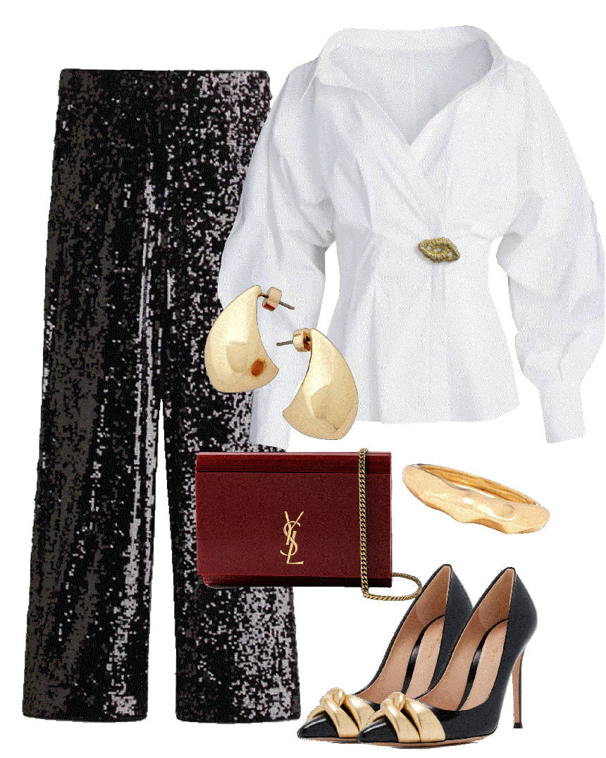 black sequin pants with white blouse