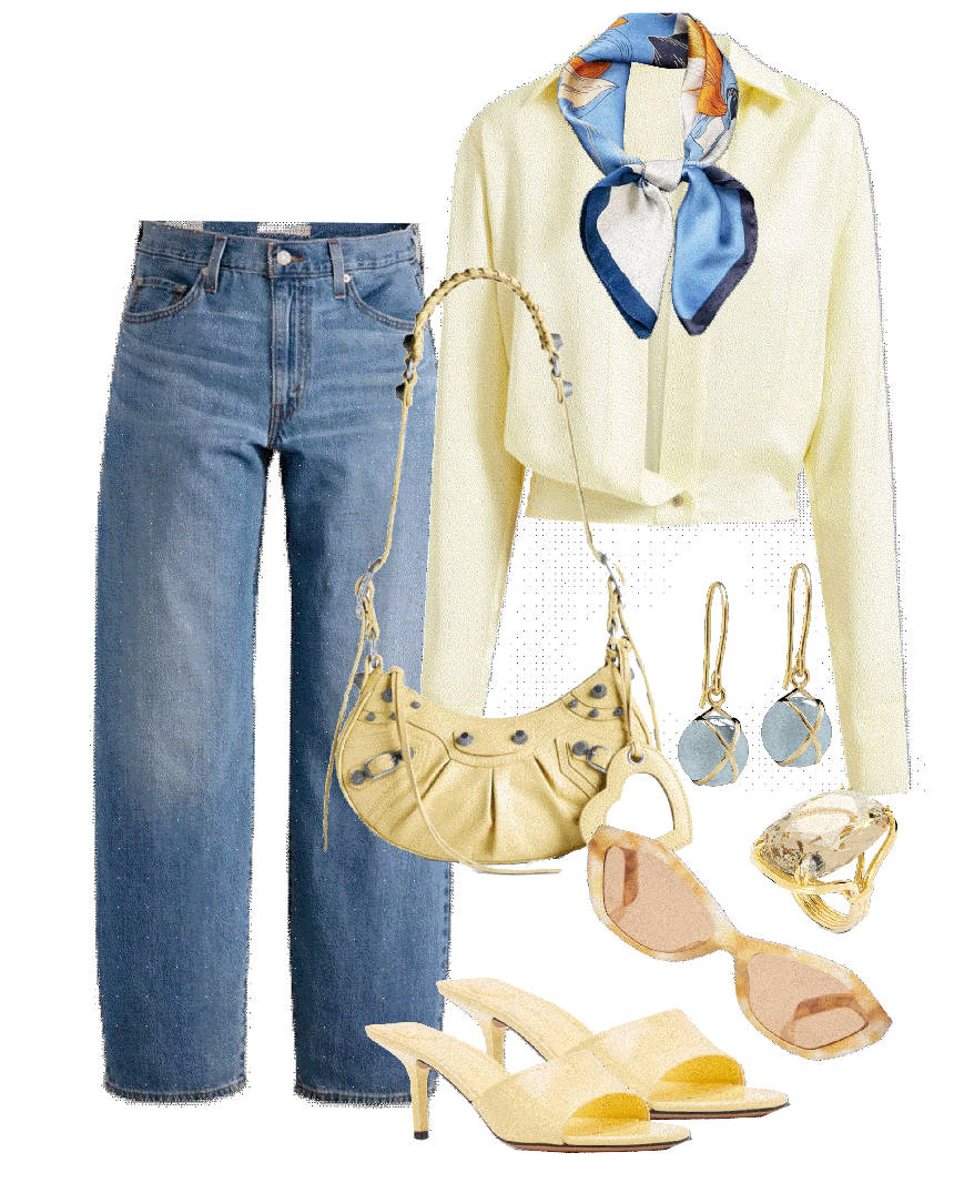 butter yellow top with jeans and butter yellow sandals