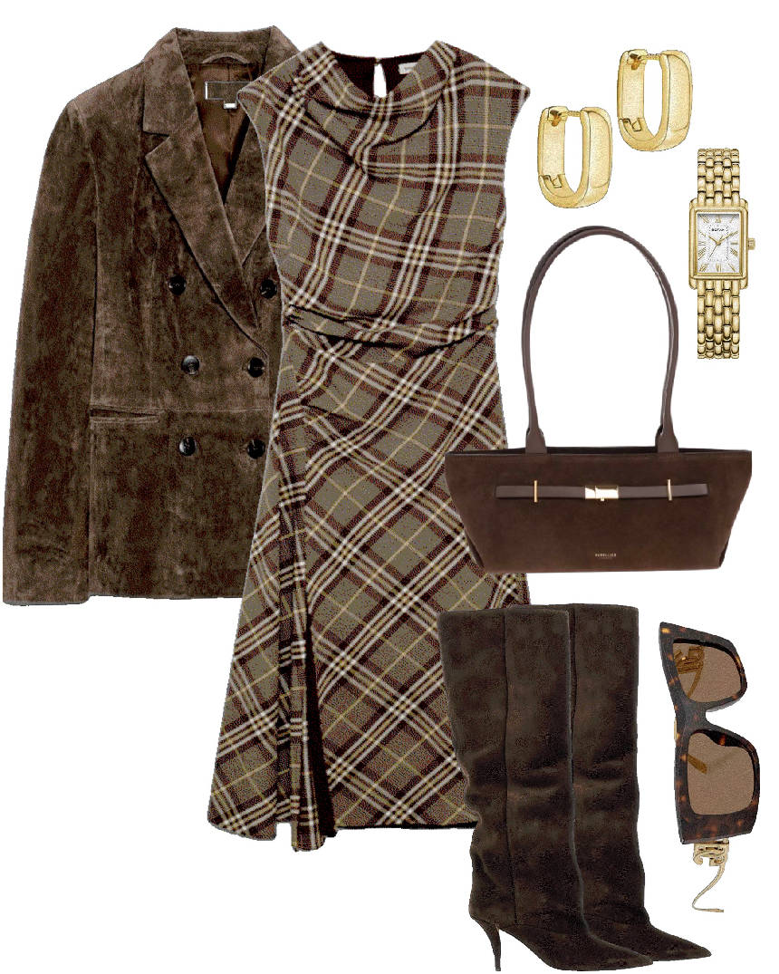 checked casual dress and suede knee boots 