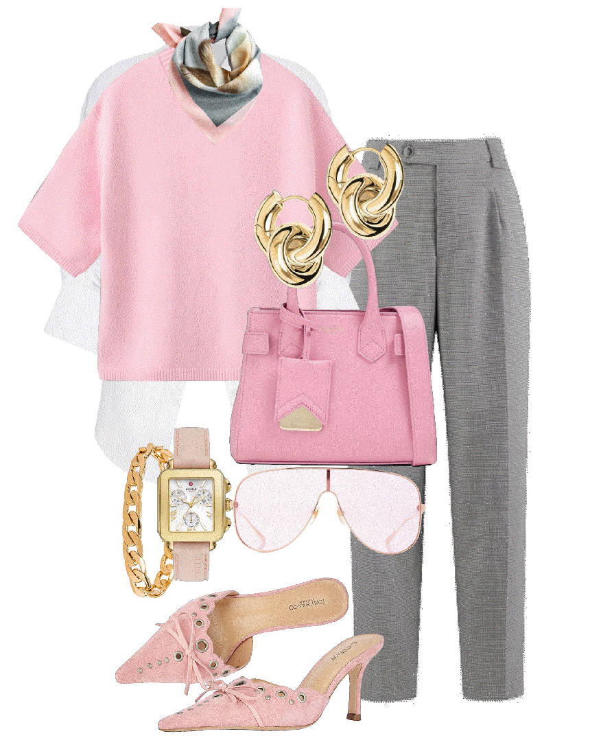 pink sweater and accessories work outfit