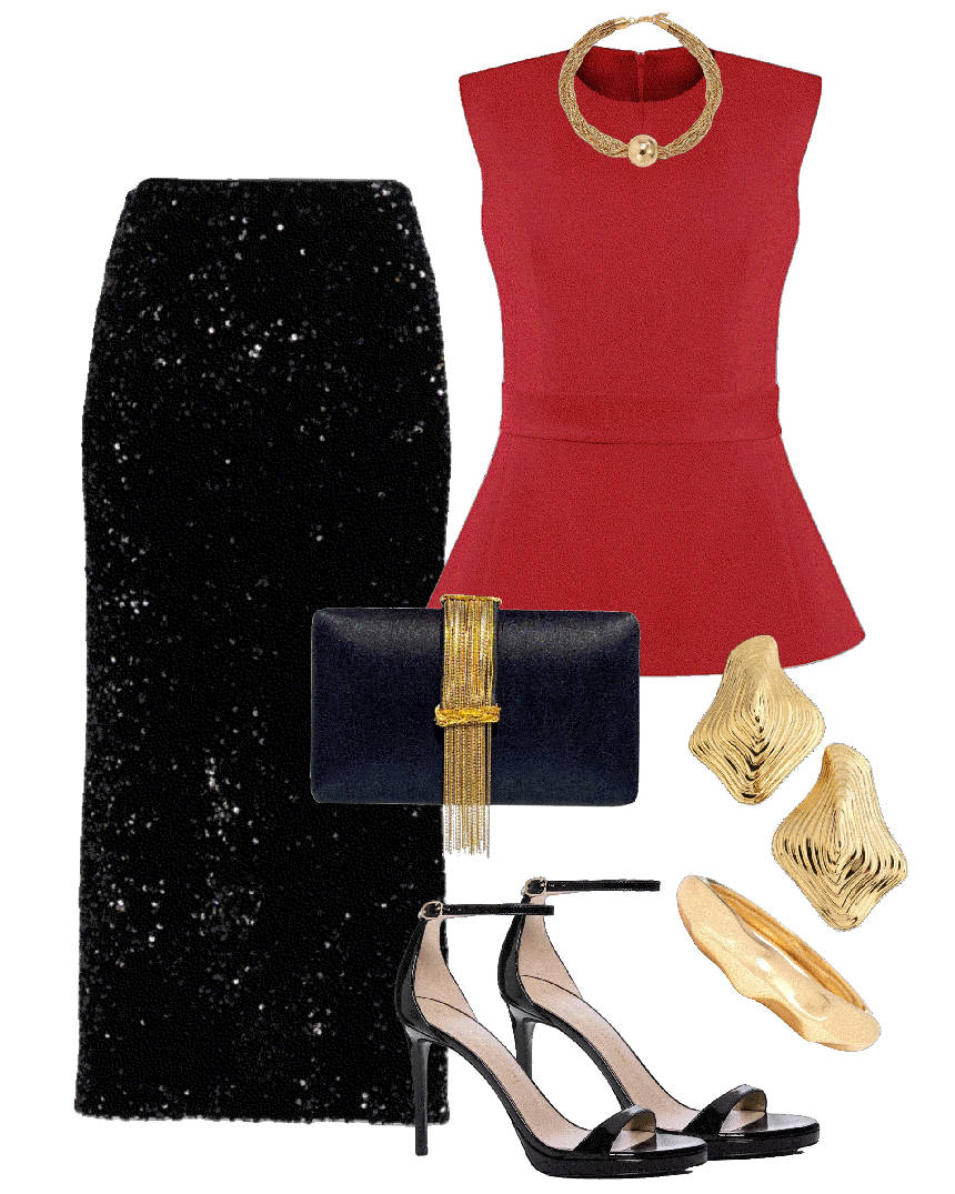 black sequin skirt and red top