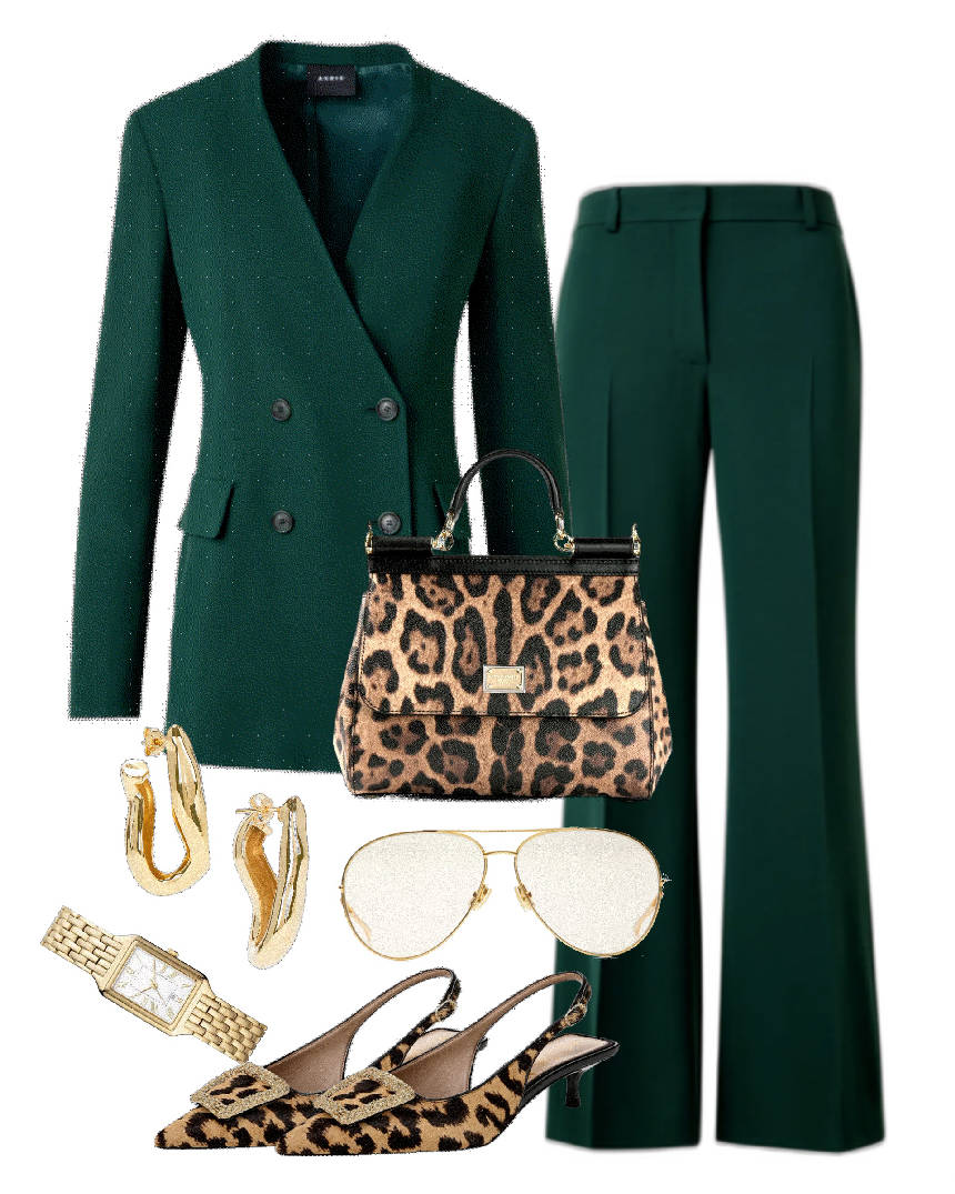 animal print kitten heels and green suit