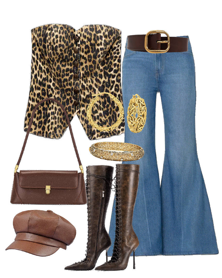 animal print corset and flare jeans
