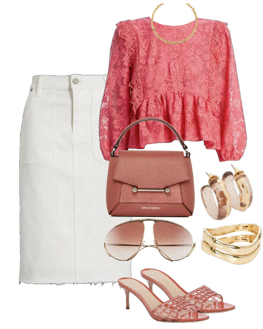 pink jelly sandals styled with white skirt