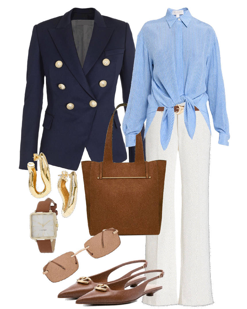 layering a belted white pants and shirt