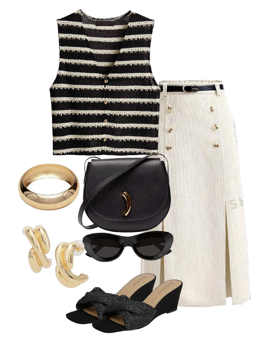 white a-line skirt and stripes top