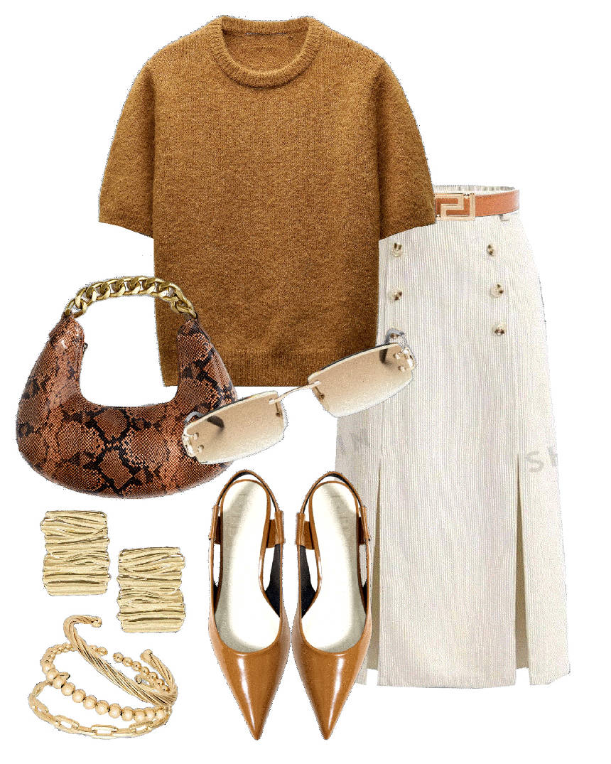 animal print bag with white skirt and sweater