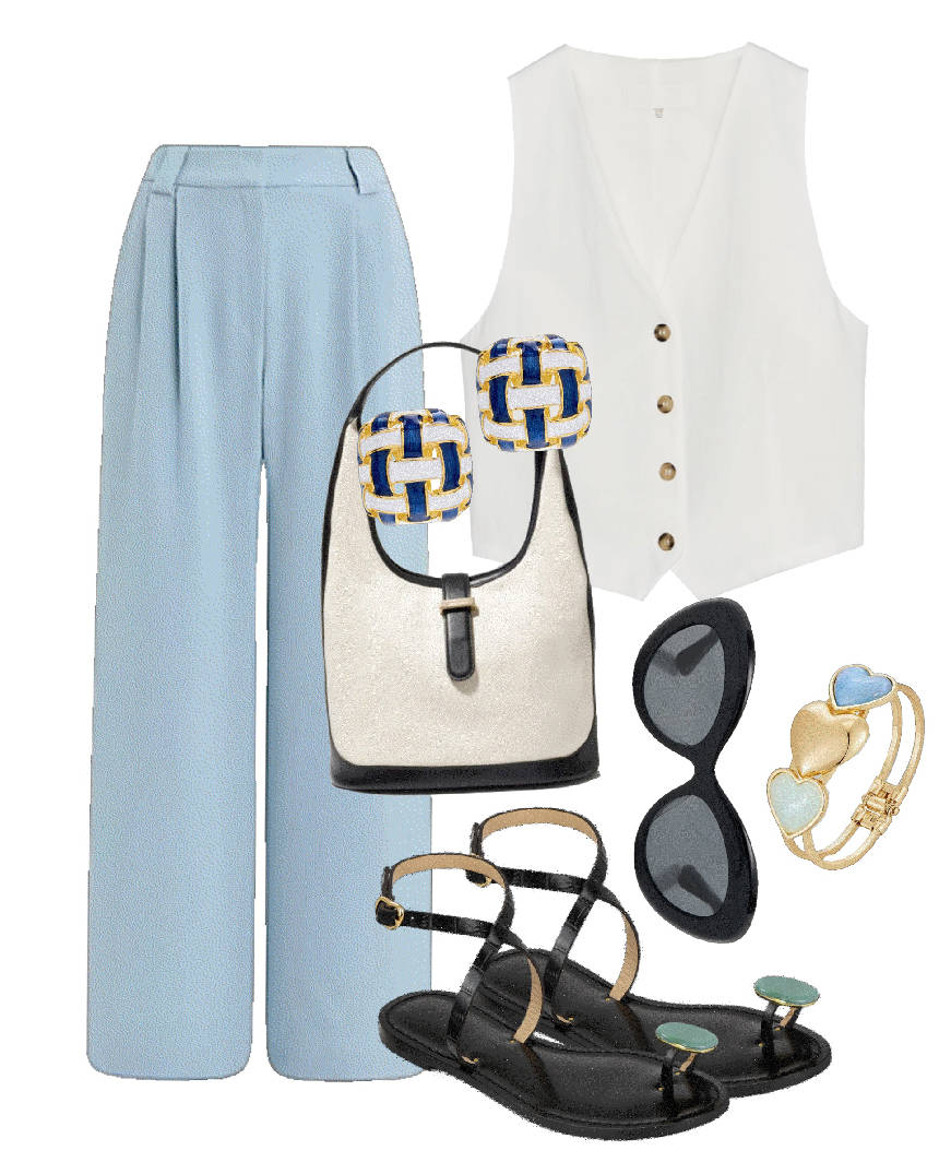 wide leg blue pants and vest