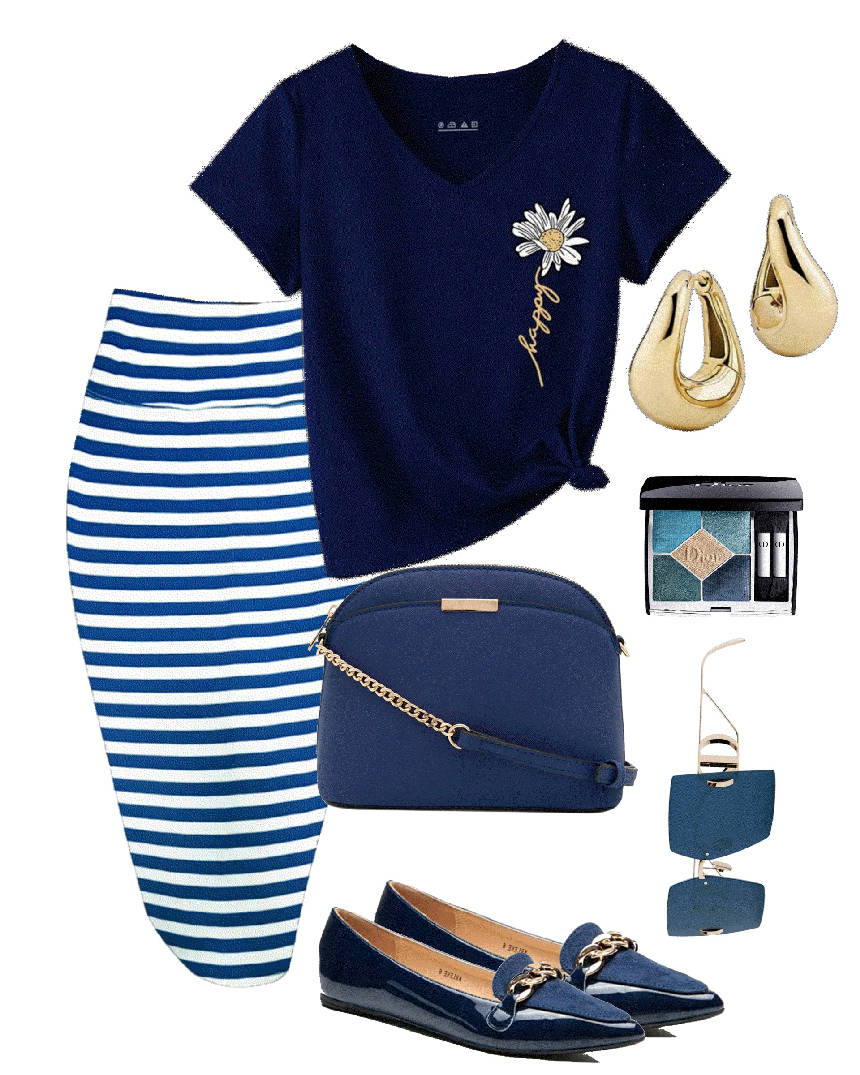 stripe skirt and navy t-shirt
