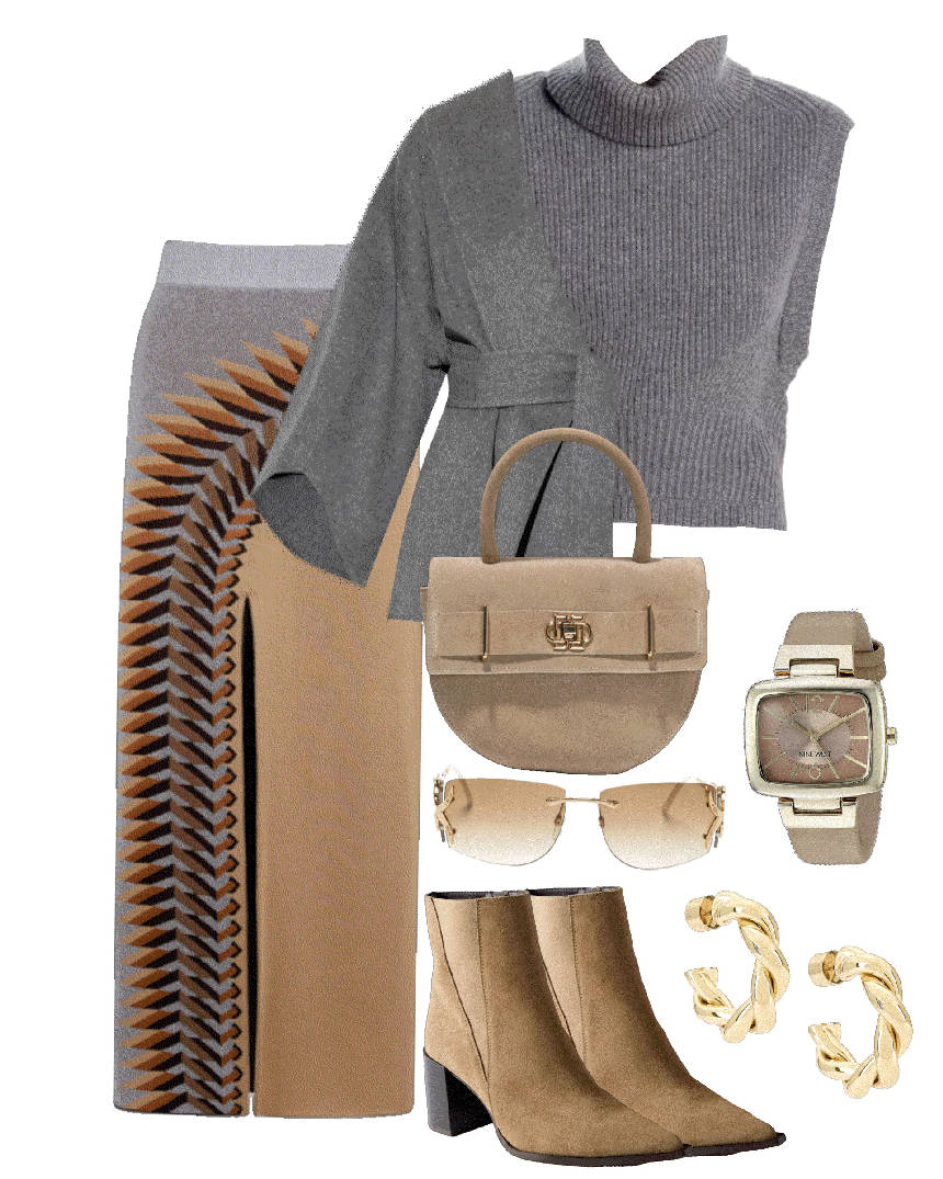 knit skirt and gray turtleneck top