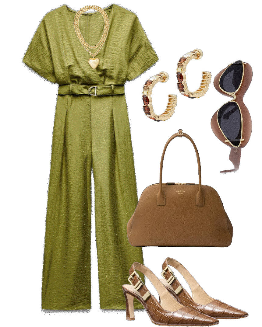 tendril green jumpsuit and brown accessories