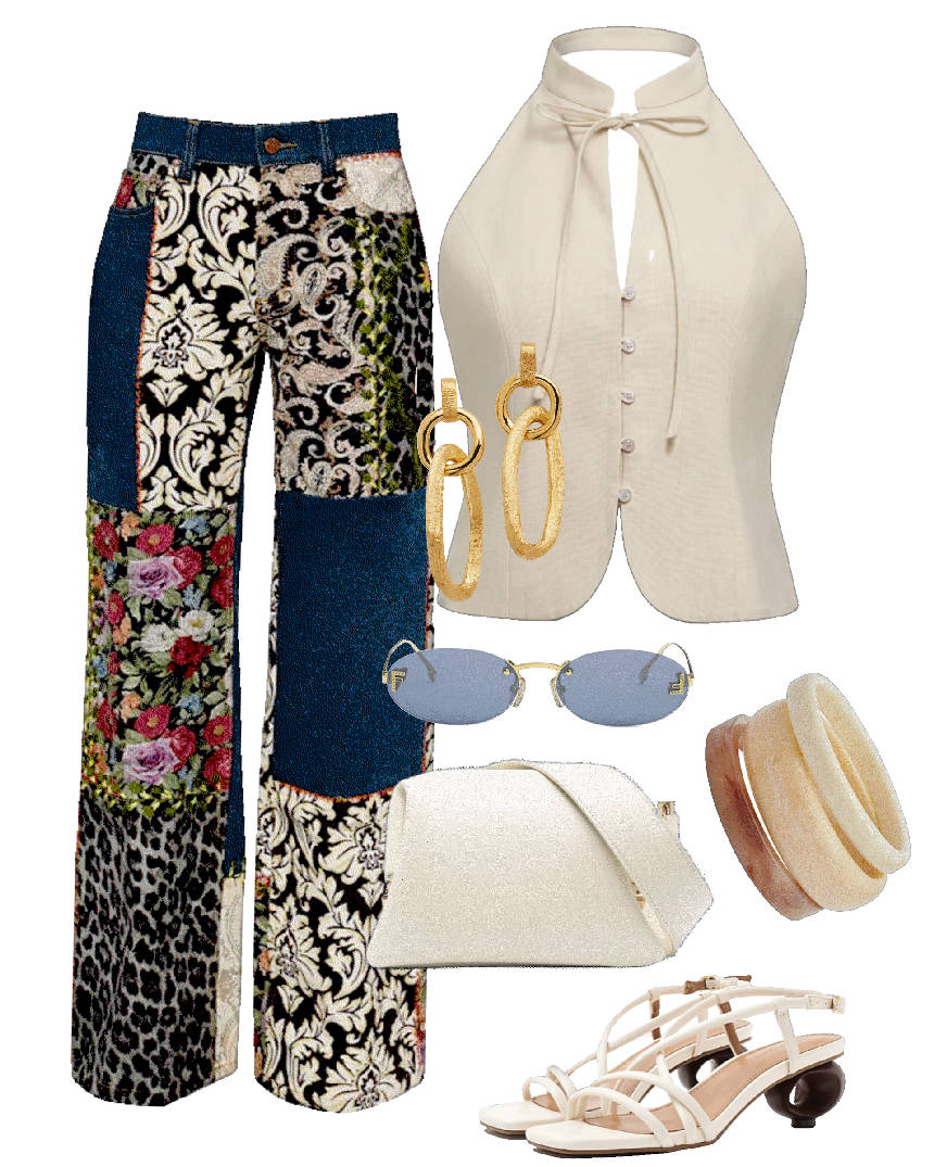 print jeans and white backless vest