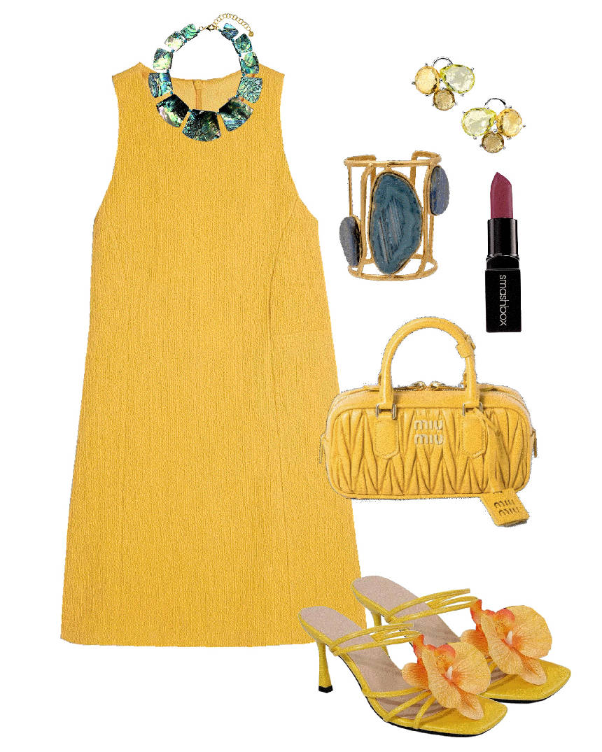 yellow floral sandals with yellow mini dress