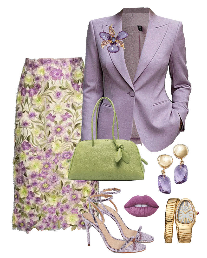 structured purple blazer and floral skirt