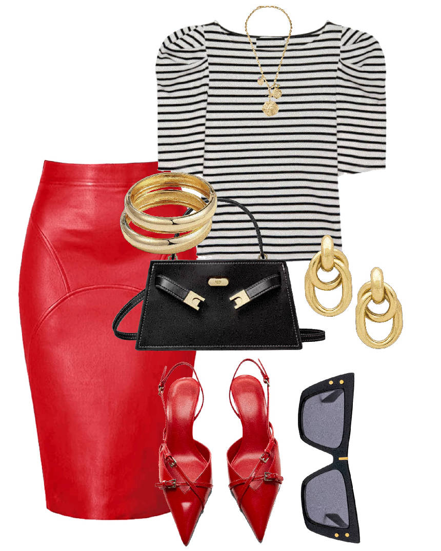 stripes volume sleeves top styled with red skirt