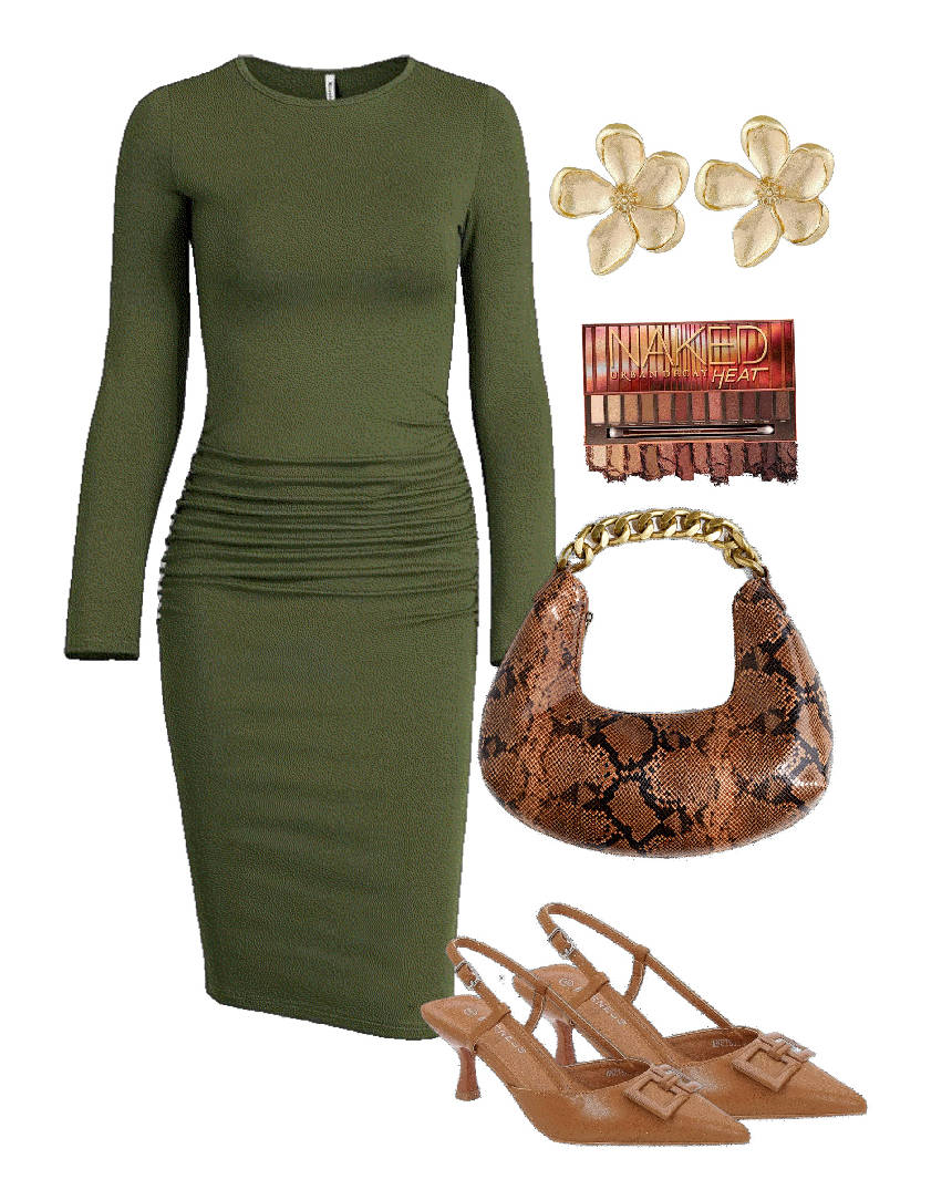 animal print handbag with green dress