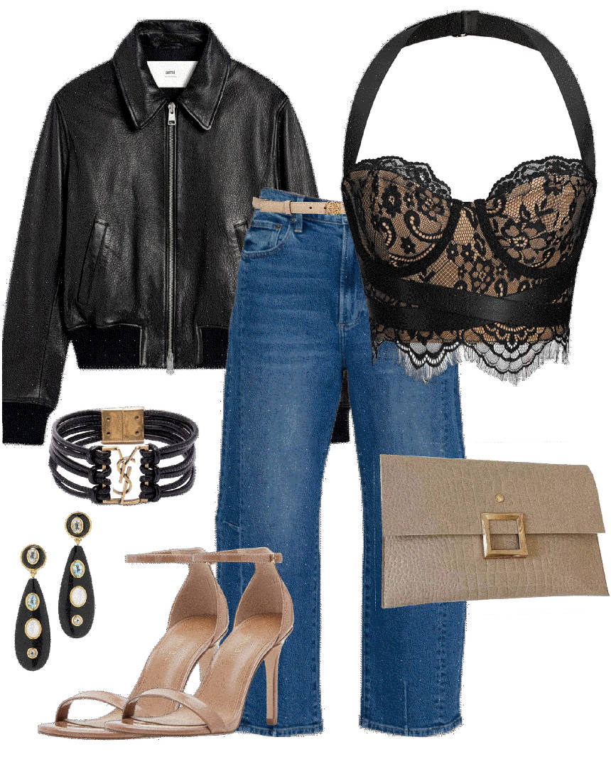 corset and crop jacket with barrel jeans