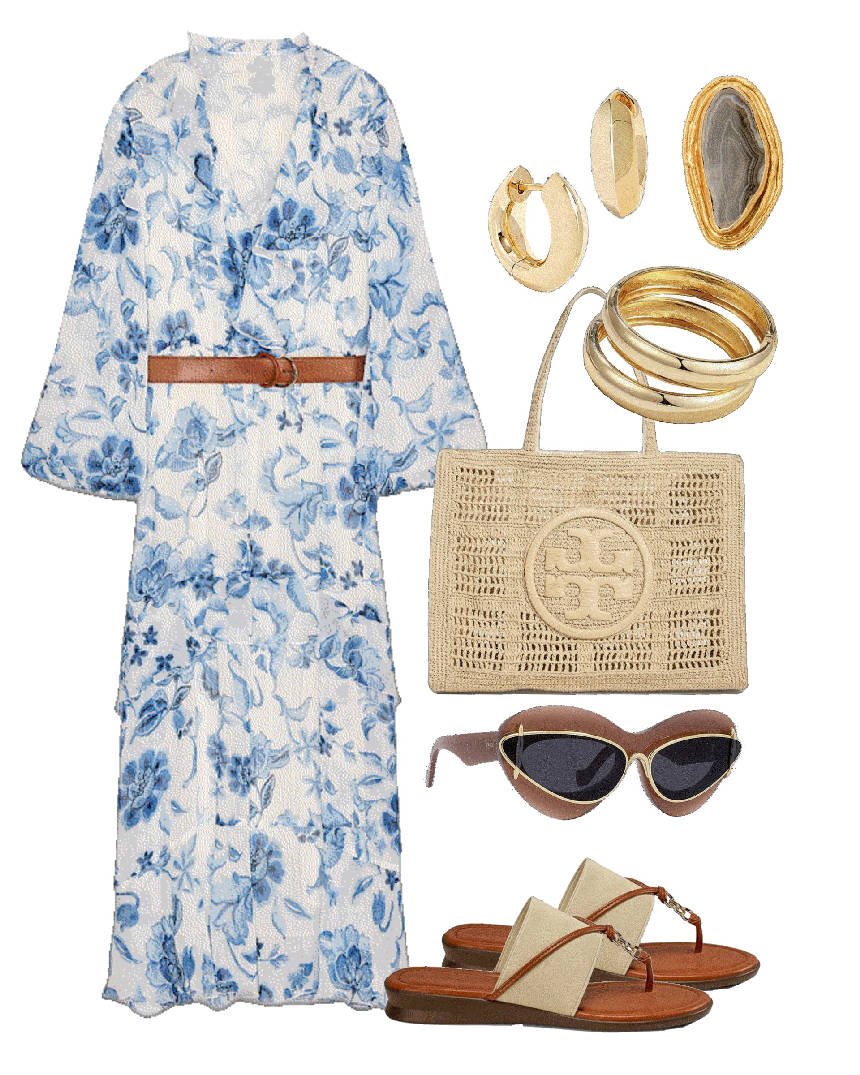 floral shirt dress and tote raffia bag
