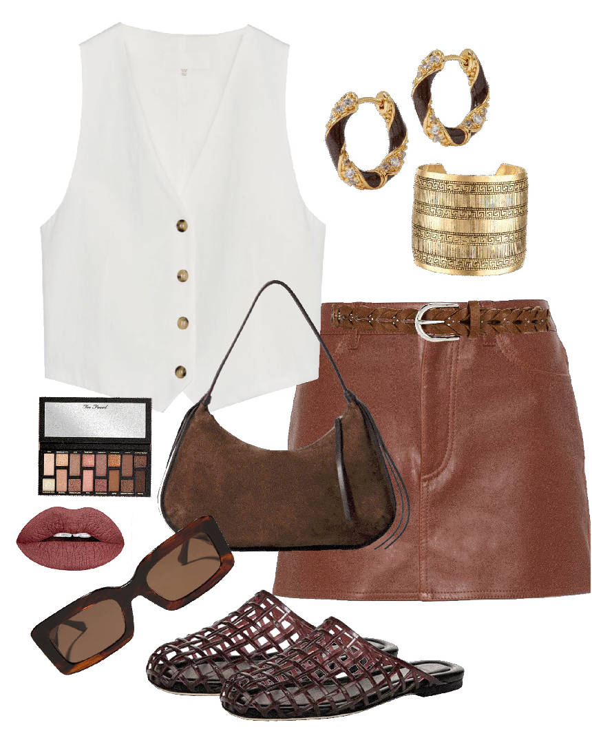 white vest with brown mini skirt and yelly sandals