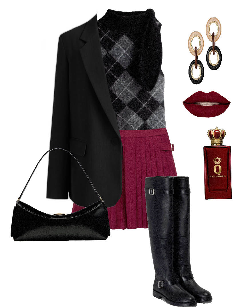 black knee boots with mini skirt and argyle top