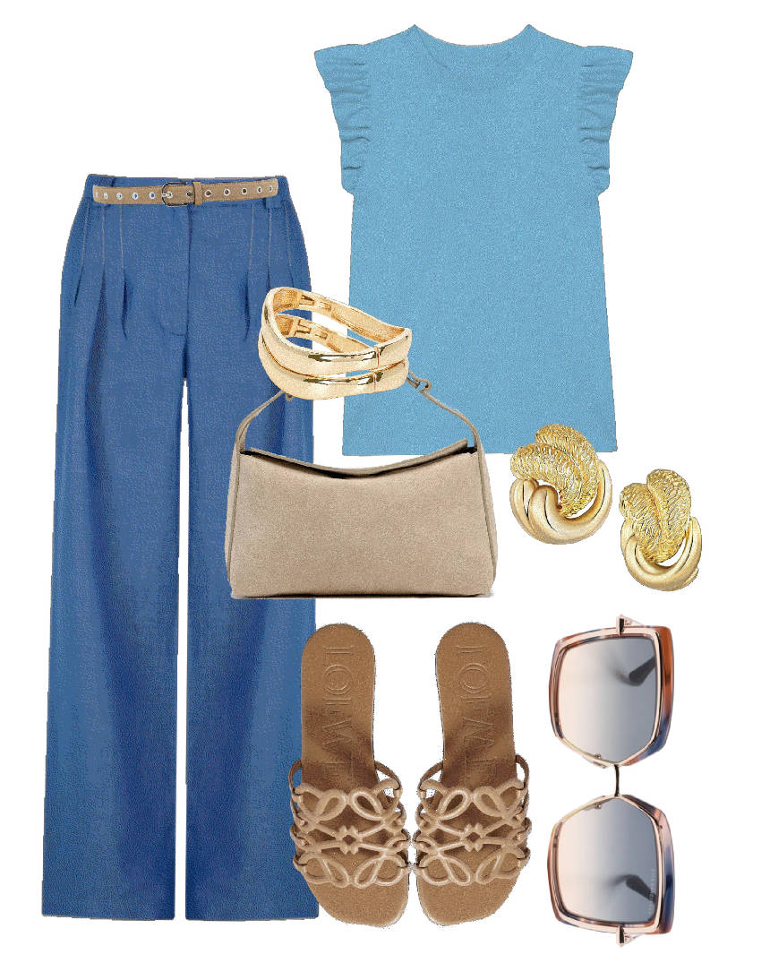 all blue linen pants and slide outfit