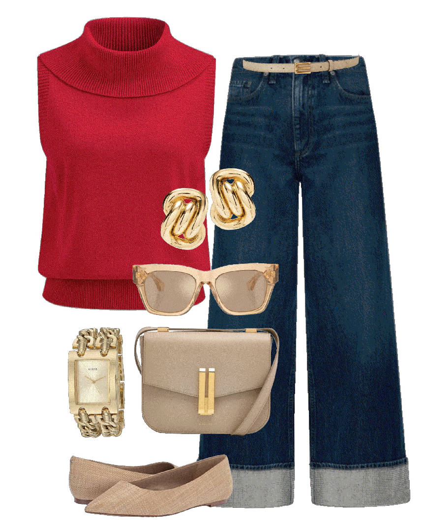wide leg cuff jeans and red top