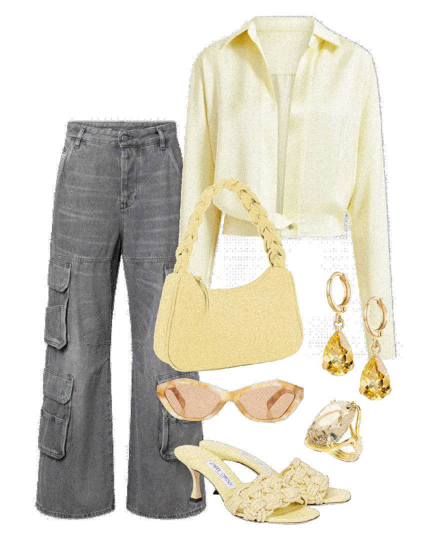 butter yellow top and gray jeans pants