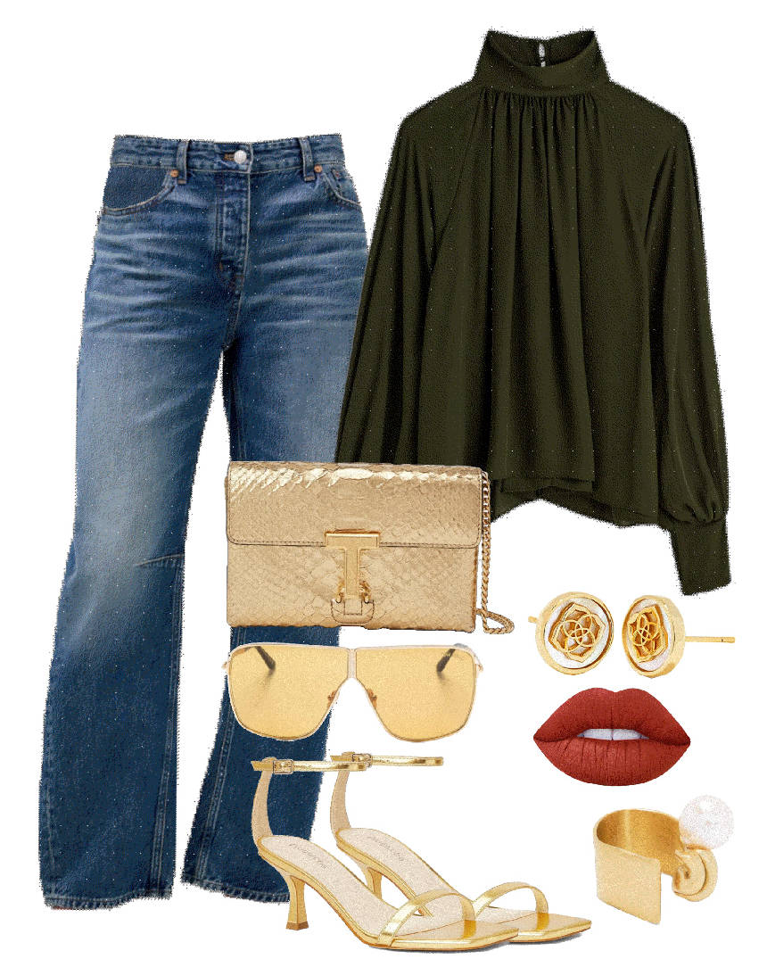 gold kitten heel sandlas with jeans