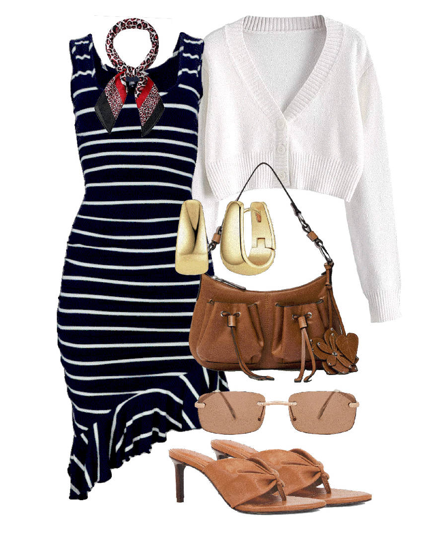 Marine stripes mini dress and white cardigan