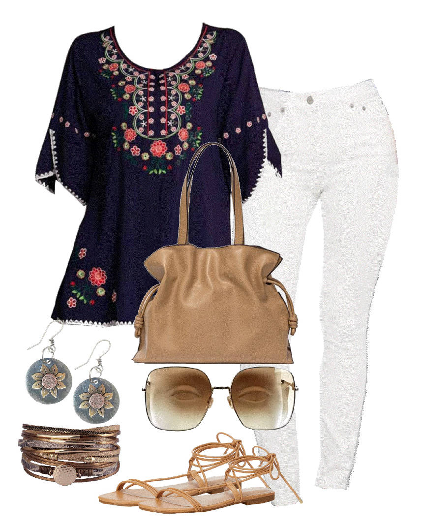 print blue bohemian blouse and white jeans