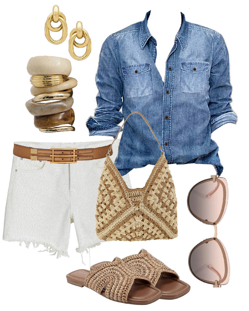 white denim shirt with denim shirt and slide sandals