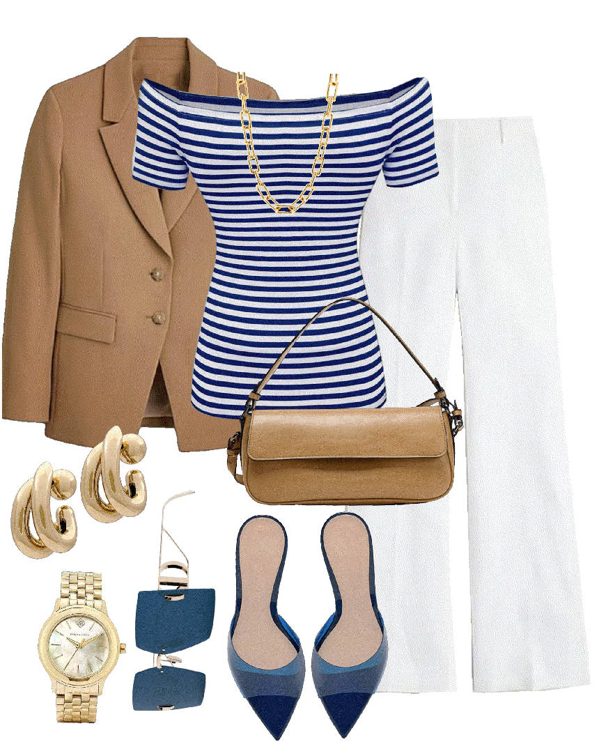 long necklace and hoop earrings with stripe top