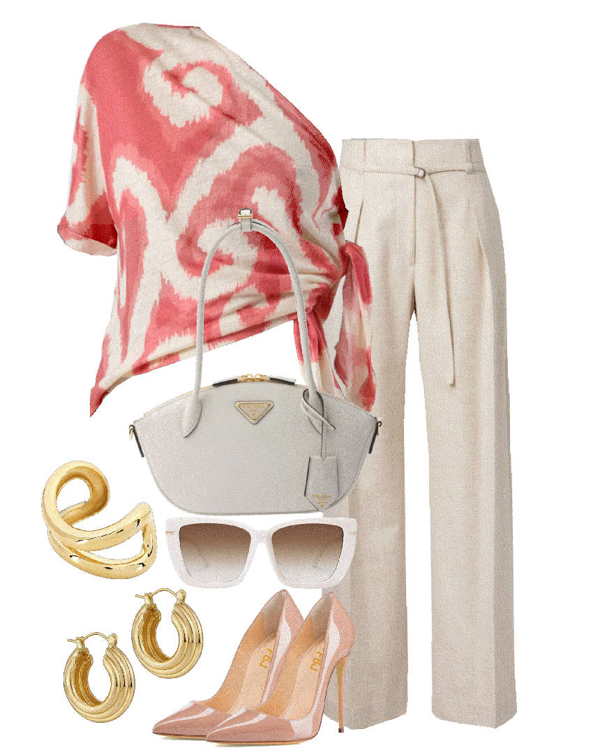 asymmetric neck line and straight leg pants