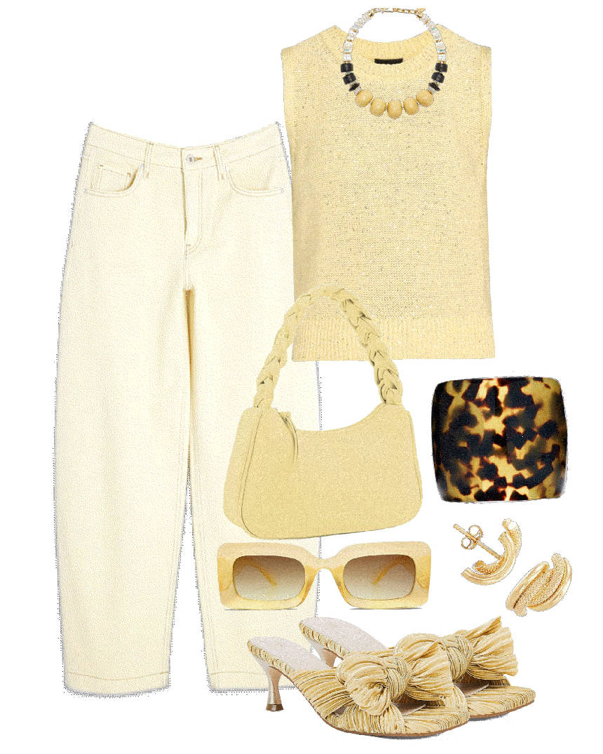 butter yellow denim with top and accessories same color