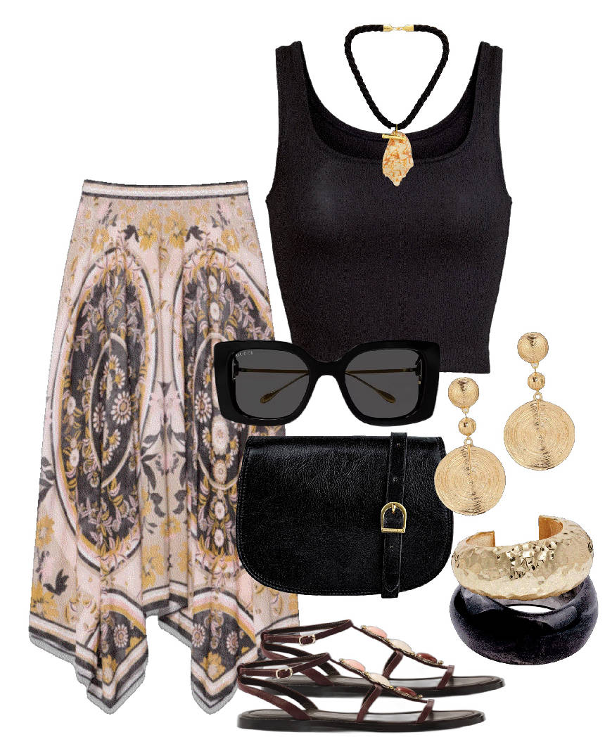print skirt and black tank top