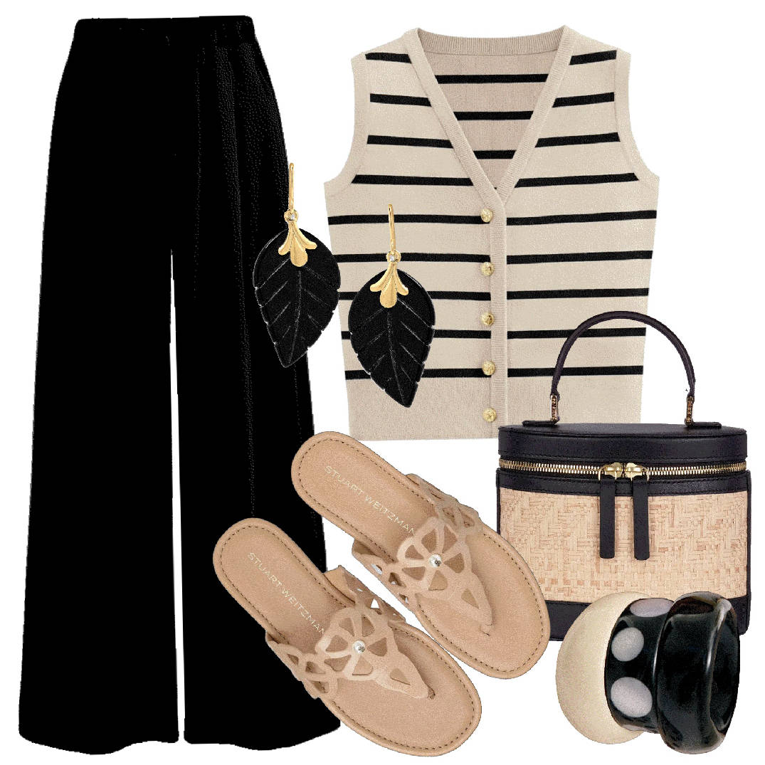black wide leg pants and v-neck vest
