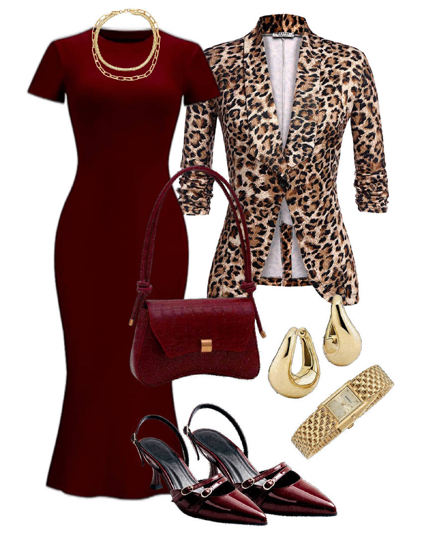 animal print blazer and burgundy dress