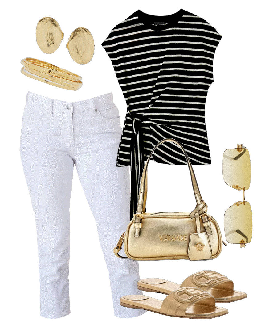gold slide sandals and white capri pants