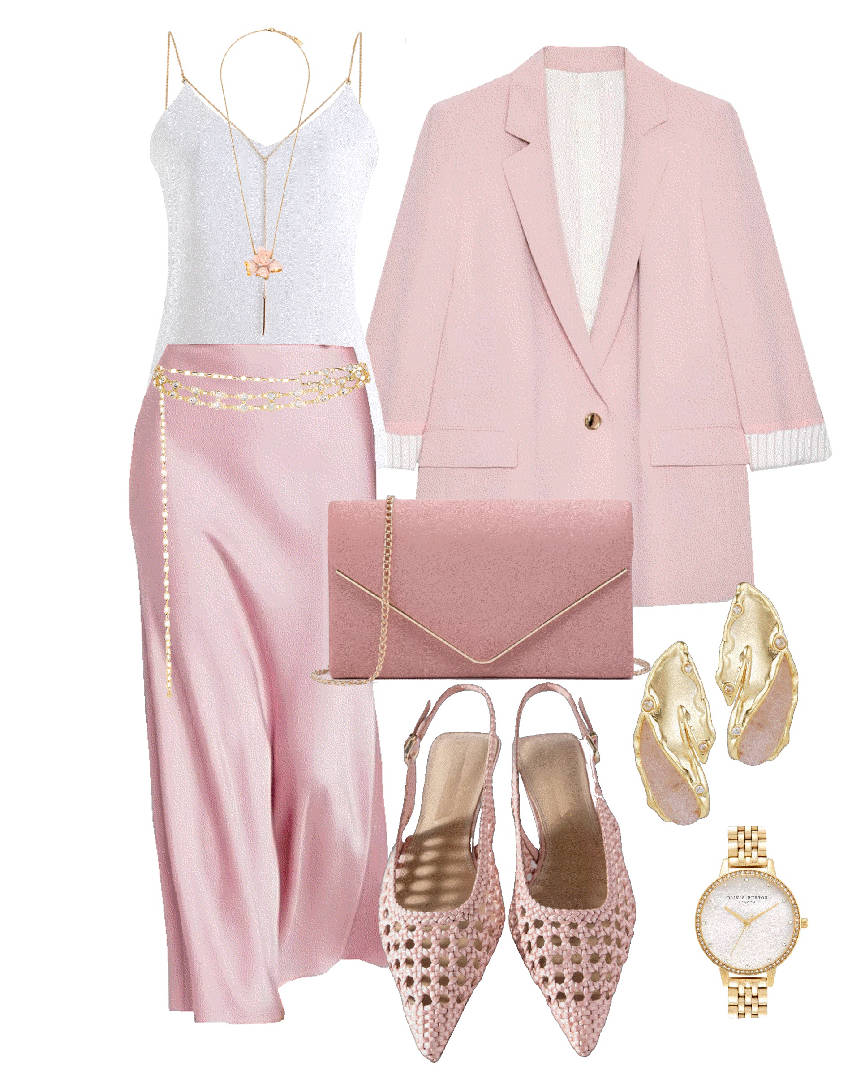 pink satin skirt and pink blazer