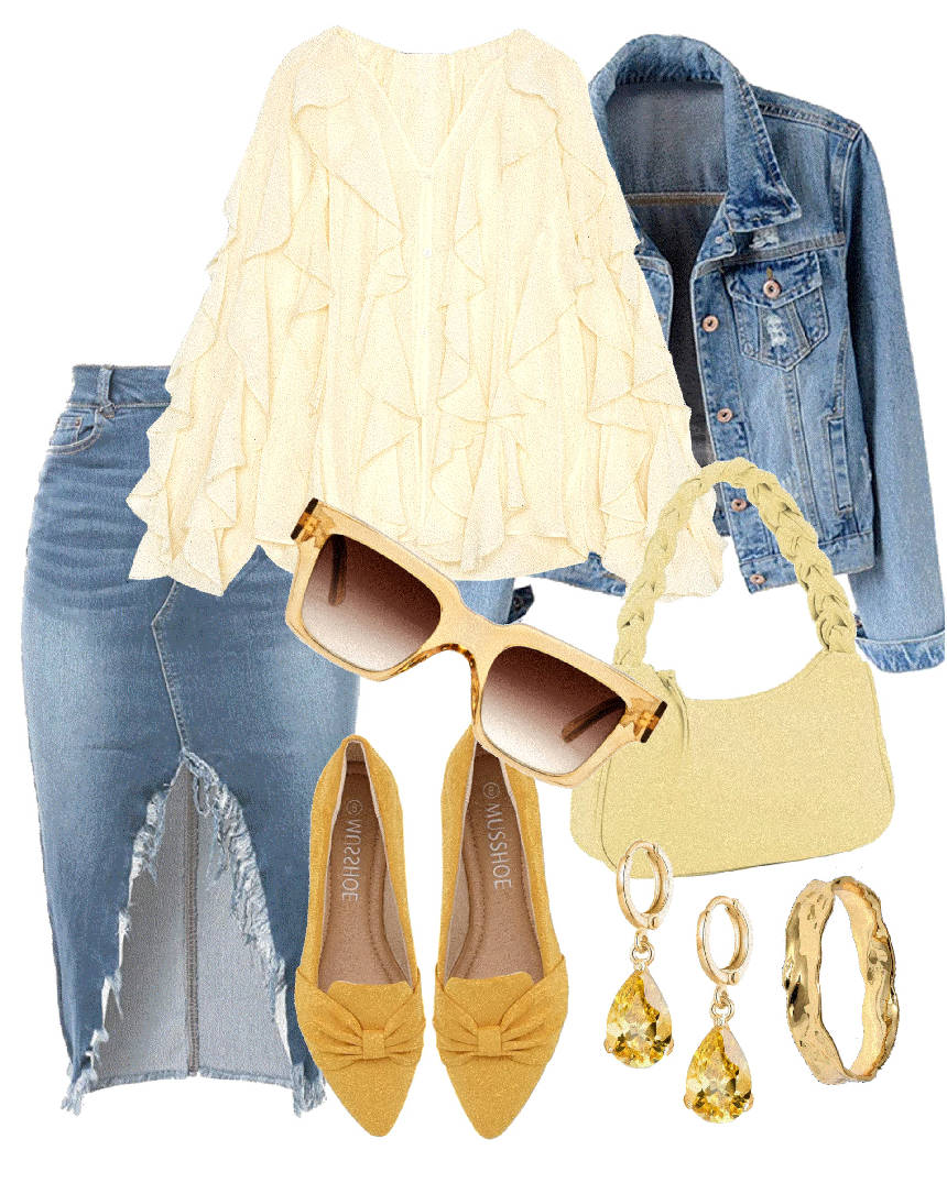 bohemian style yellow blouse and denim skirt