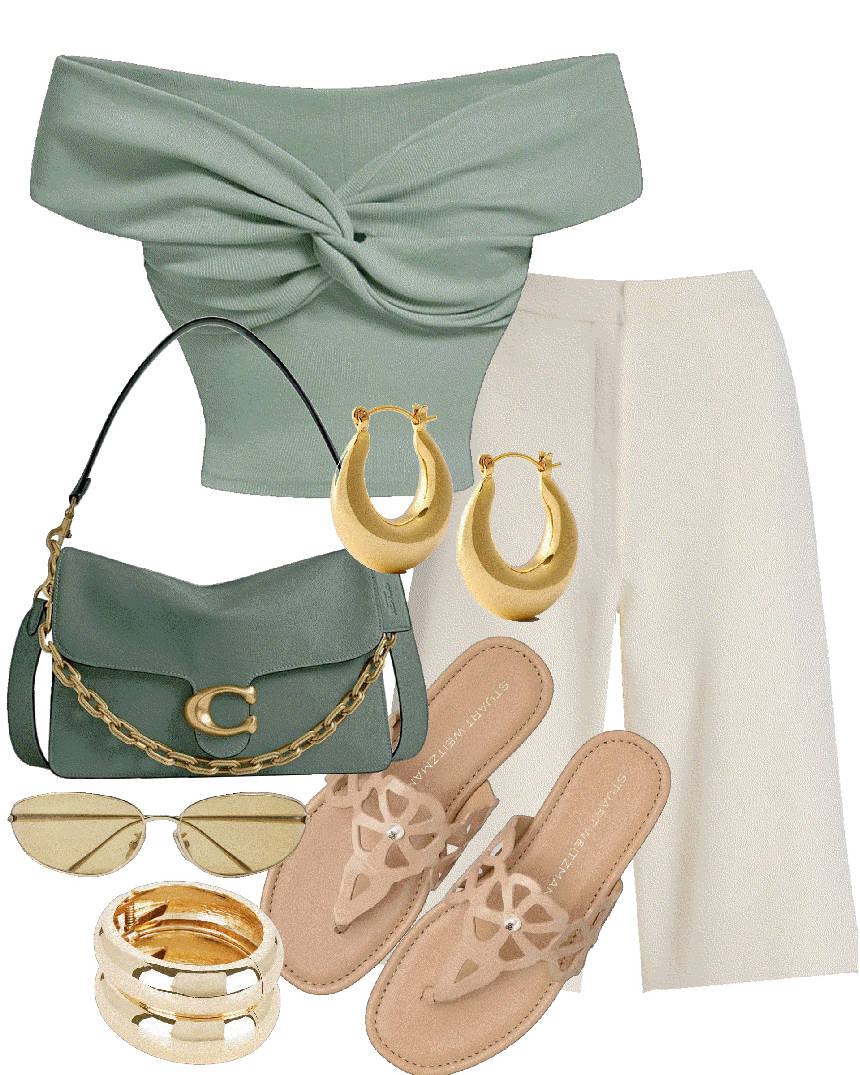 light green top with white bermuda shorts