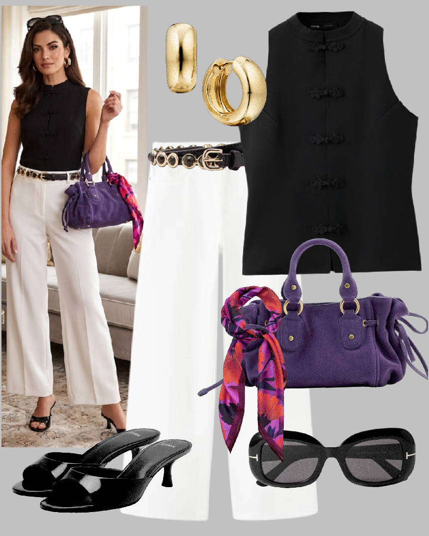 how to wear a purple handbag
