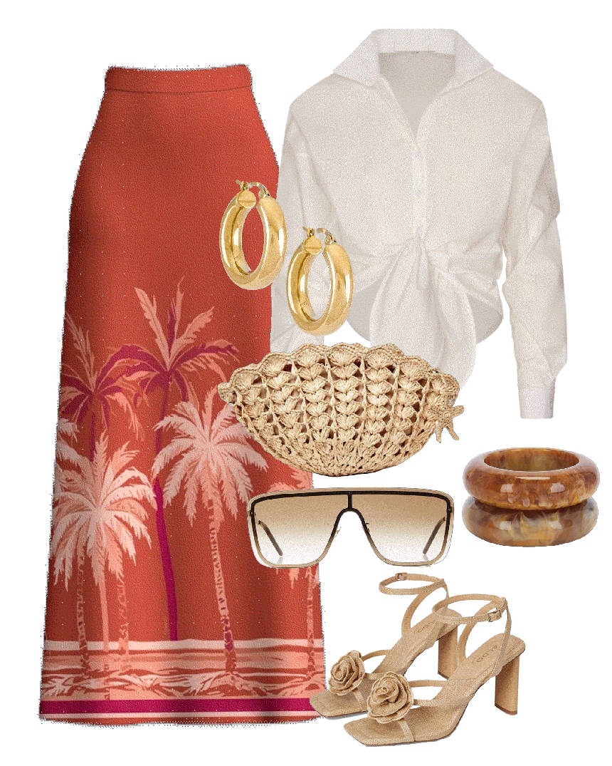 orange maxi skirt and white top with raffia clutch bag