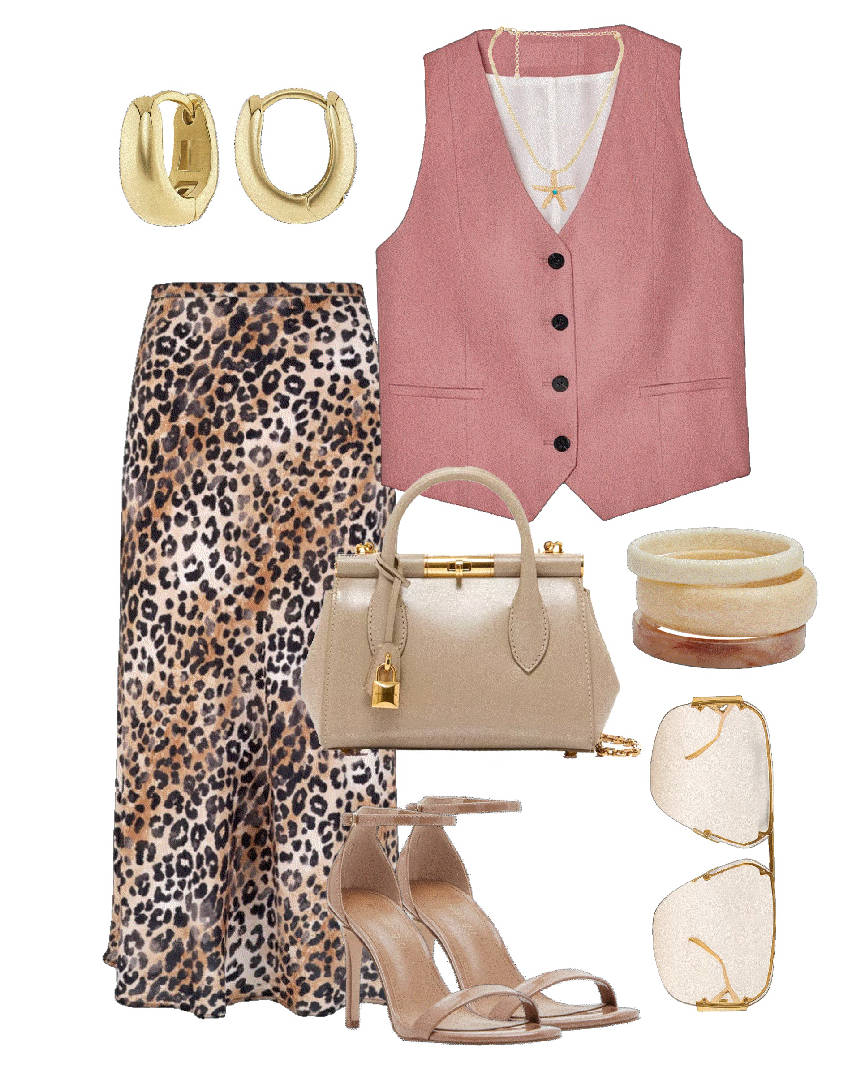 pink vest and tulle maxi skirt in animal print
