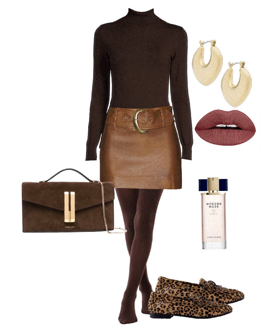 pantyhose in brown mini skirt and turtleneck