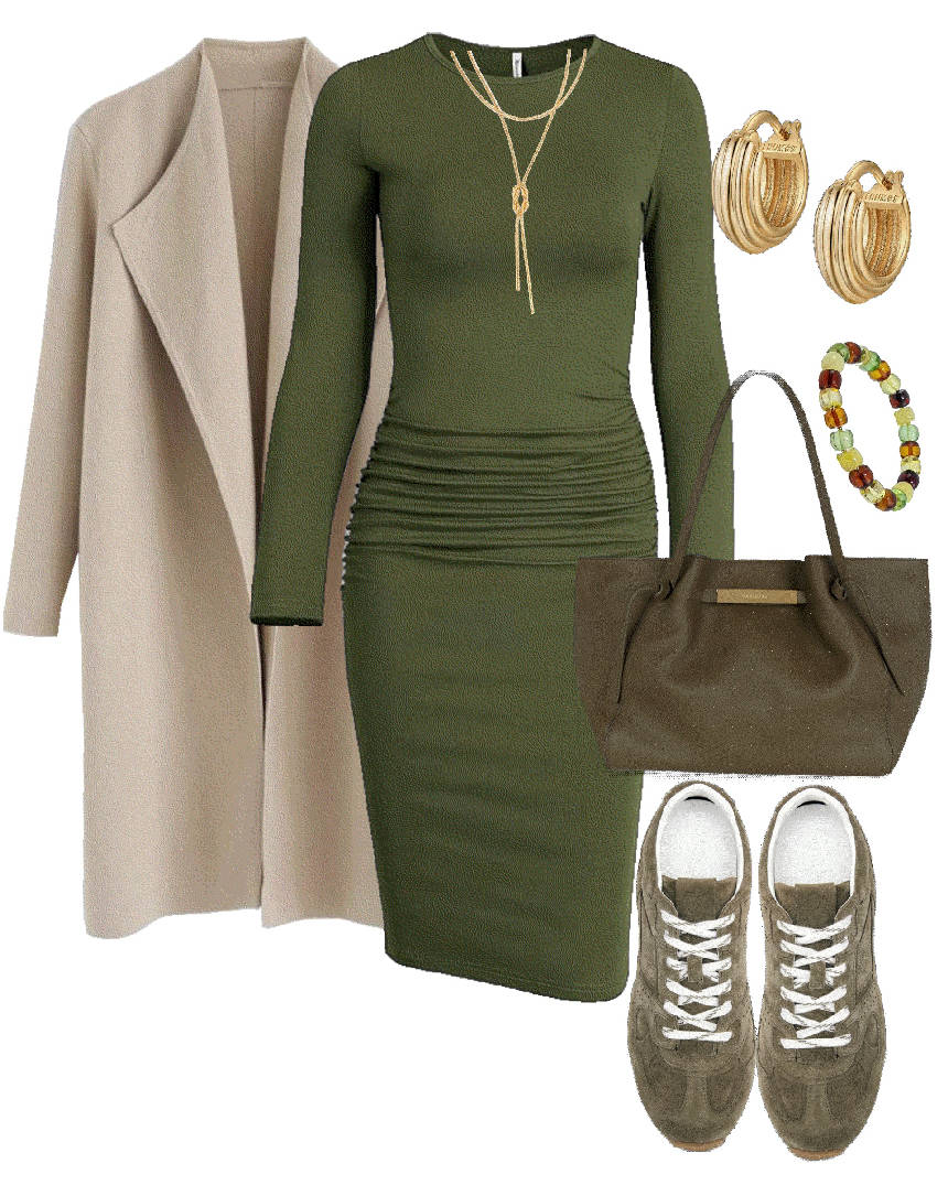 olive green bodycon dress and beige coat