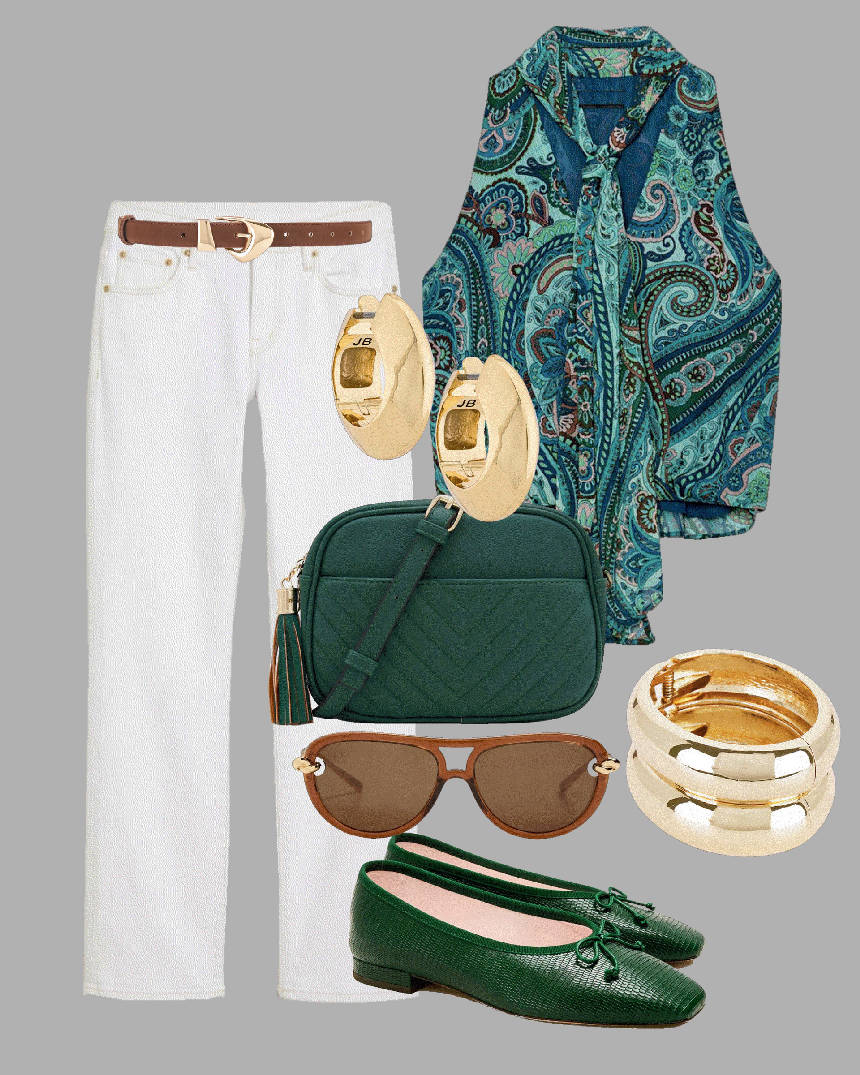 green heeled flats with white jeans