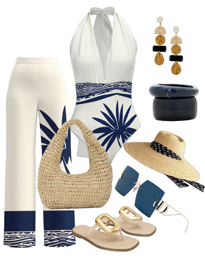 one piece in white with matching print pants